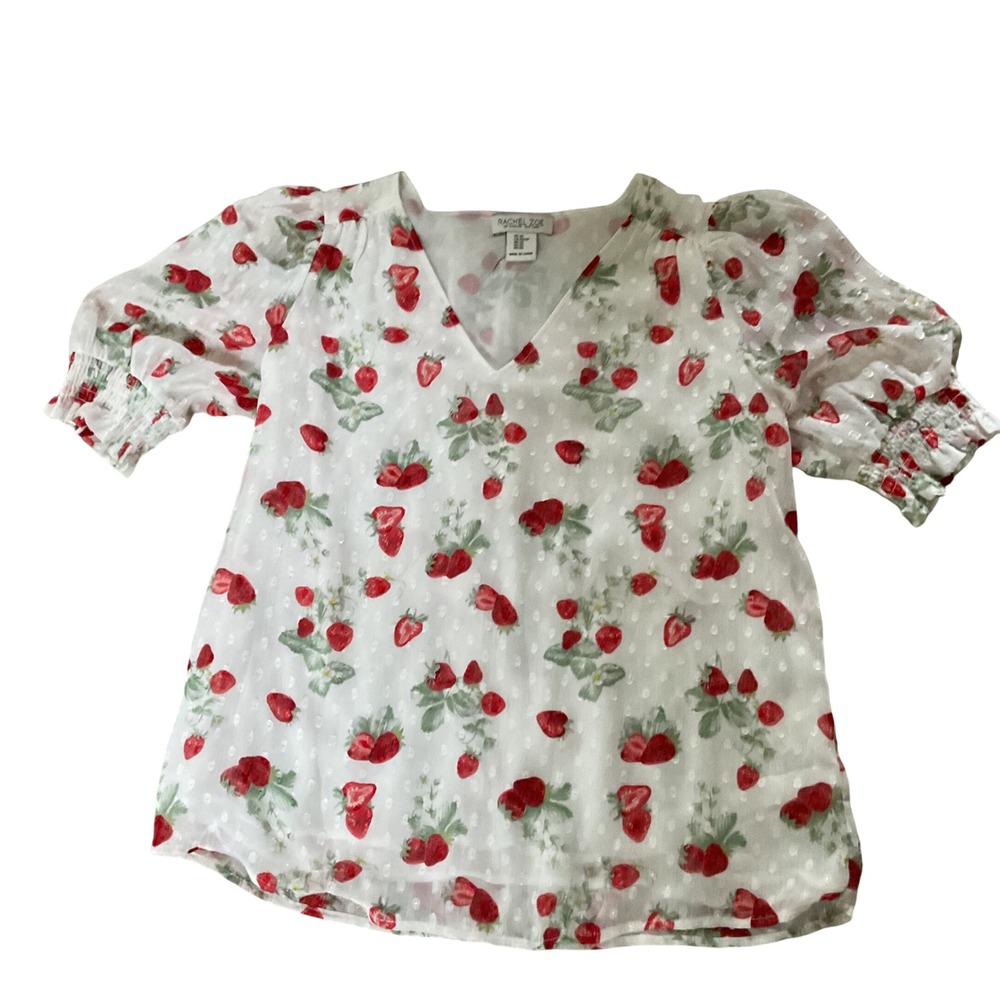 Rachel Zoe Strawberry Print‎ Clip Dot V-Neck Puff Sleeve Blouse White XS